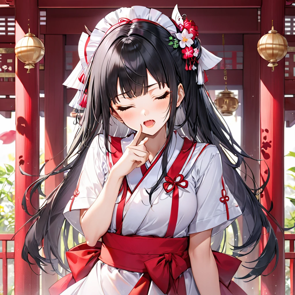 (Tsundere love:1.4 mode) (15 yo, solo blunt bangs:1.3 black hair long hair cute shrine maiden girl, sexy closed eyes, angry:1.3 face, pink lip open mouth), break, (in a summer shrine maiden clothes), (index finger raised), BREAK, perfect anatomy, masterpiece, best quality, 16k, beautiful detailed grow, daydreaming expression.