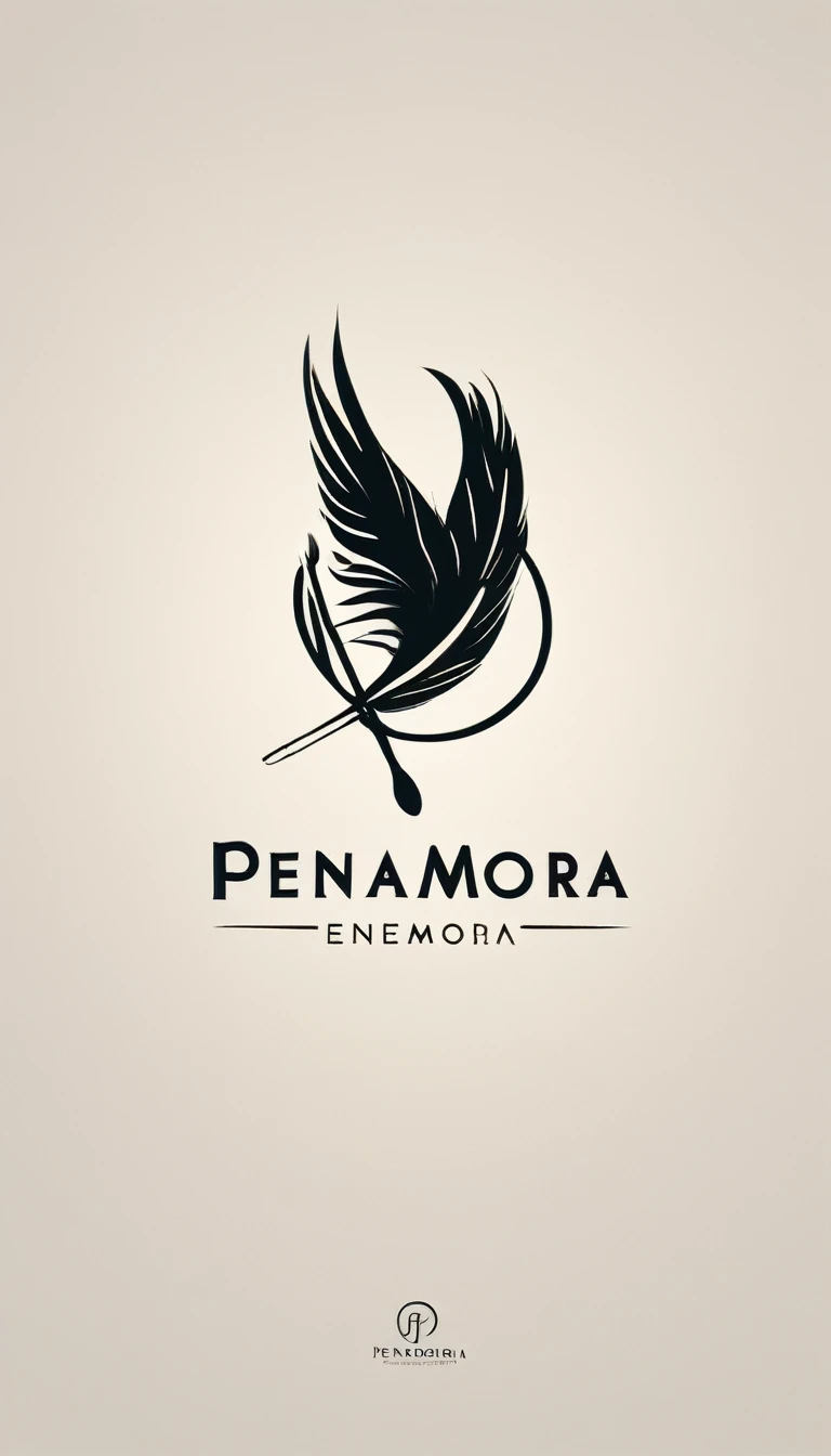 A minimal, modern, simple, cinematic logotype for the brand “Penamemoria". The logotype must be a simple, magical feather and a boy playing acoustic guitar. The logo must convey a sense of music, stories and dreams. Logo design impressed on a book cover. Minimalistic logo