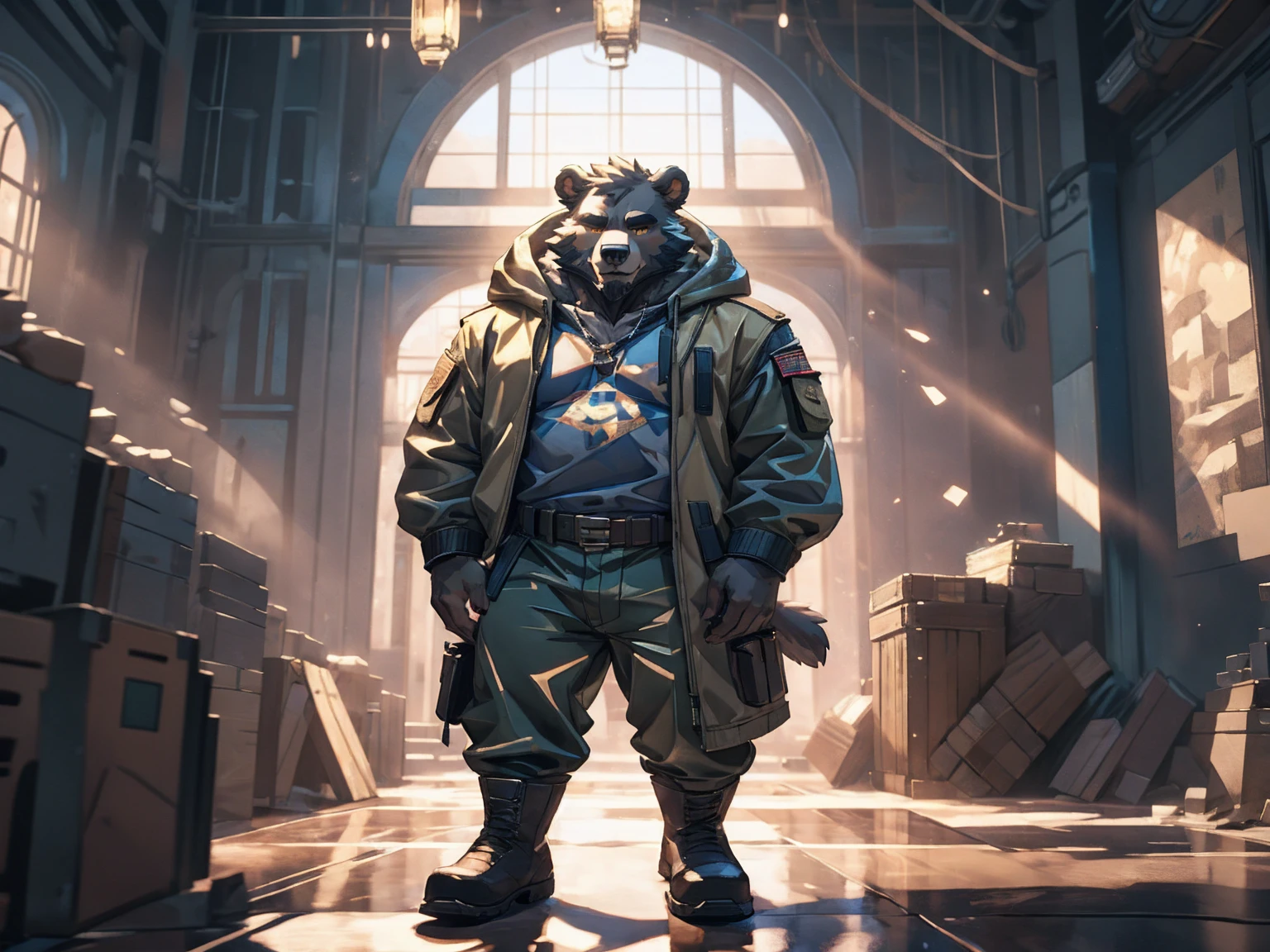 (masterpiece:1.2), best quality,pixiv,official art,perfect anatomy, (Ray tracing, light),solo, (1_male:1.3) , (muscle), (grey fur:1.4), (muscle bear), (beard:1.2), (gleaming golden eyes), bear tail, full body, Thick black eyebrows,(open hooded parka), (naked inside), jeans, (cargo pants:1.2),boots,(indoor),(large window), (modern style:1.3),(character looking outside)