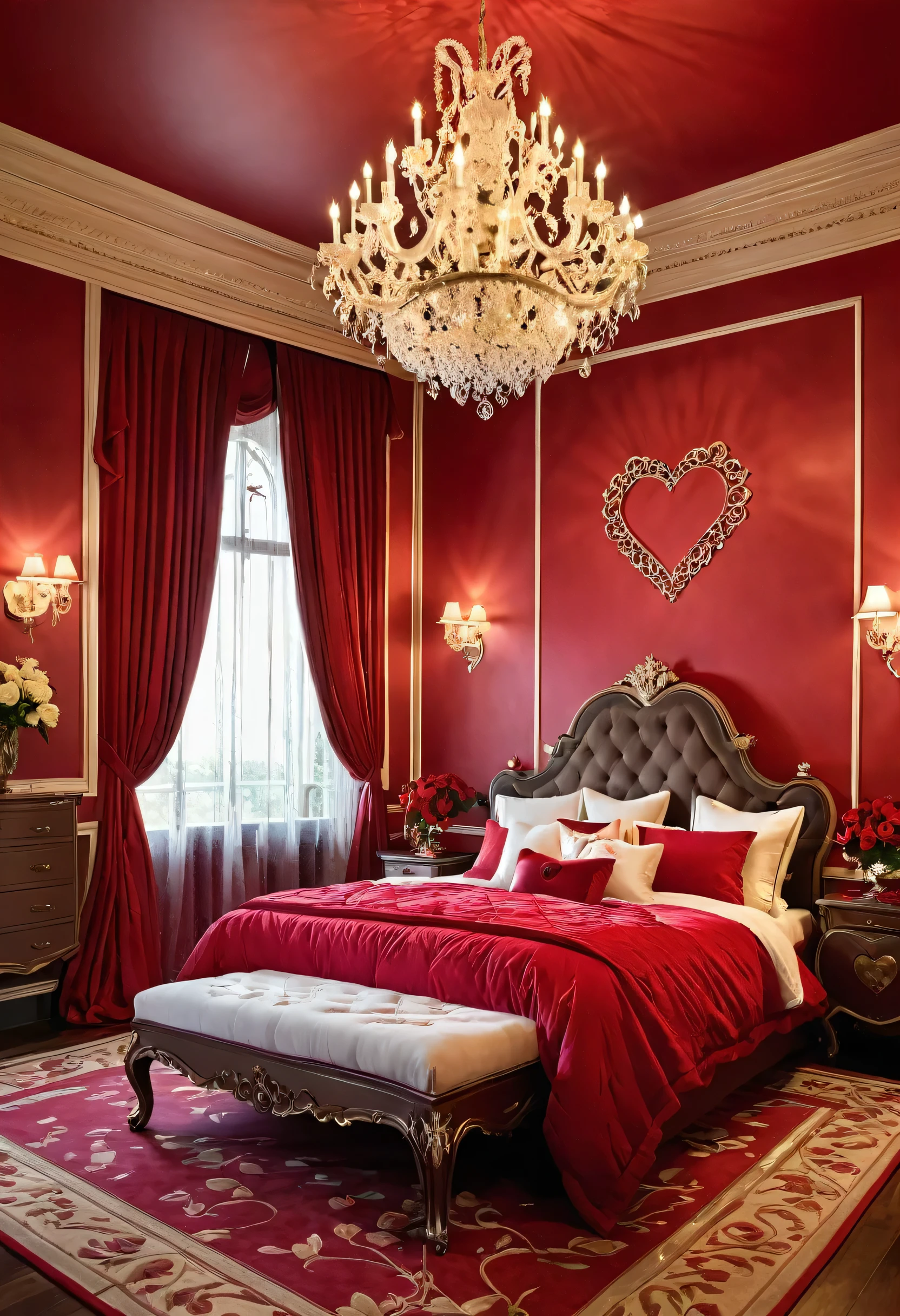 A luxurious bedroom, bathed in a romantic glow, exudes a sense of passion and intimacy. The plush red bed, adorned with soft linens and accented with a heart-shaped pillow, invites a peaceful retreat. The room's intricate details, from the ornate chandelier to the scattered rose petals, create a sense of timeless elegance.