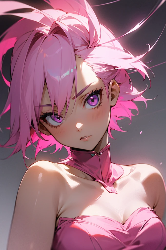 pink haired anime girls, mean, spoiled, princess, (masterpiece), best quality, expressive face, beautiful lighting, very short pink bob, model esk, mean look, stunning, glamourous with a little edge, torso to hair shot