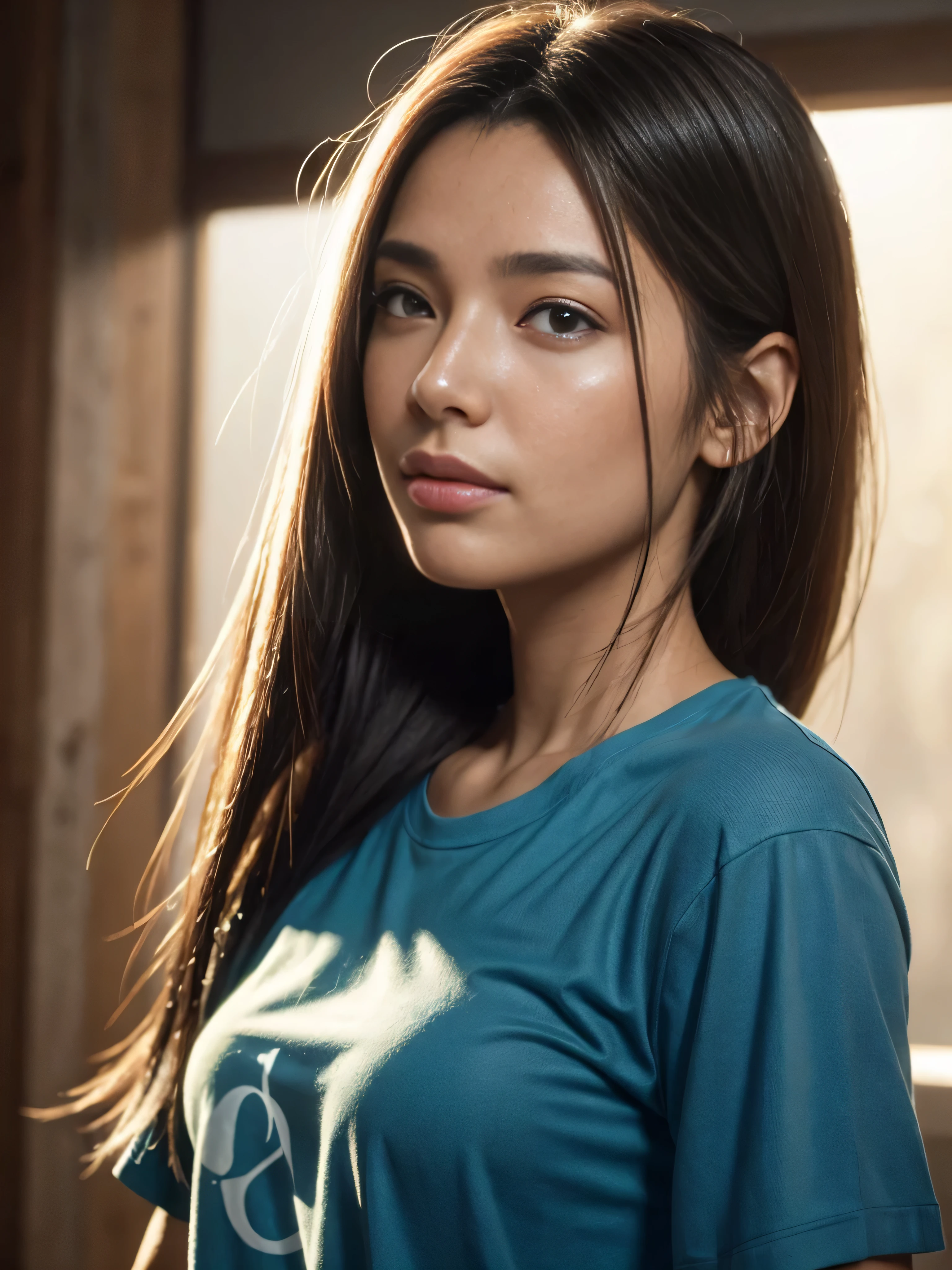 photo realistic:1.4), (hyper realistic:1.4), (realistic:1.3), (smoother lighting:1.05), (increase cinematic lighting quality:0.9), 32K, 1girl,20yo girl, realistic lighting, backlighting, light on face, ray trace, (brightening light:1.2), (Increase quality:1.4), (best quality real texture skin:1.4), finely detailed eyes, finely detailed face, finely quality eyes, (tired and sleepy and satisfied:0.0), face closeup, t-shirts, (Increase body line mood:1.1), (Increase skin texture beauty:1.1), close up shot