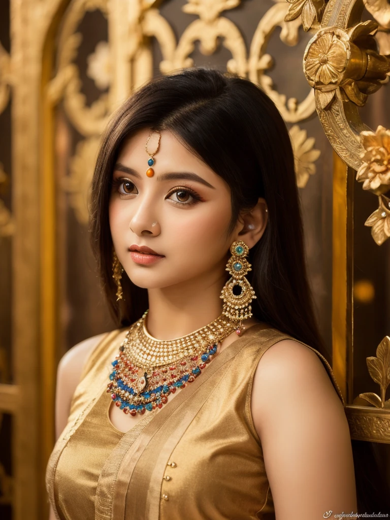 Ultra hd, full hd 8k regulations, masterpiece, ultra realistic,hyuga Hinata, An Extremely Realistic cute Indian Woman, a very beautiful, Indiana, Indian clothes, Indian Makeup, wearing jewelry, Indian themed background 