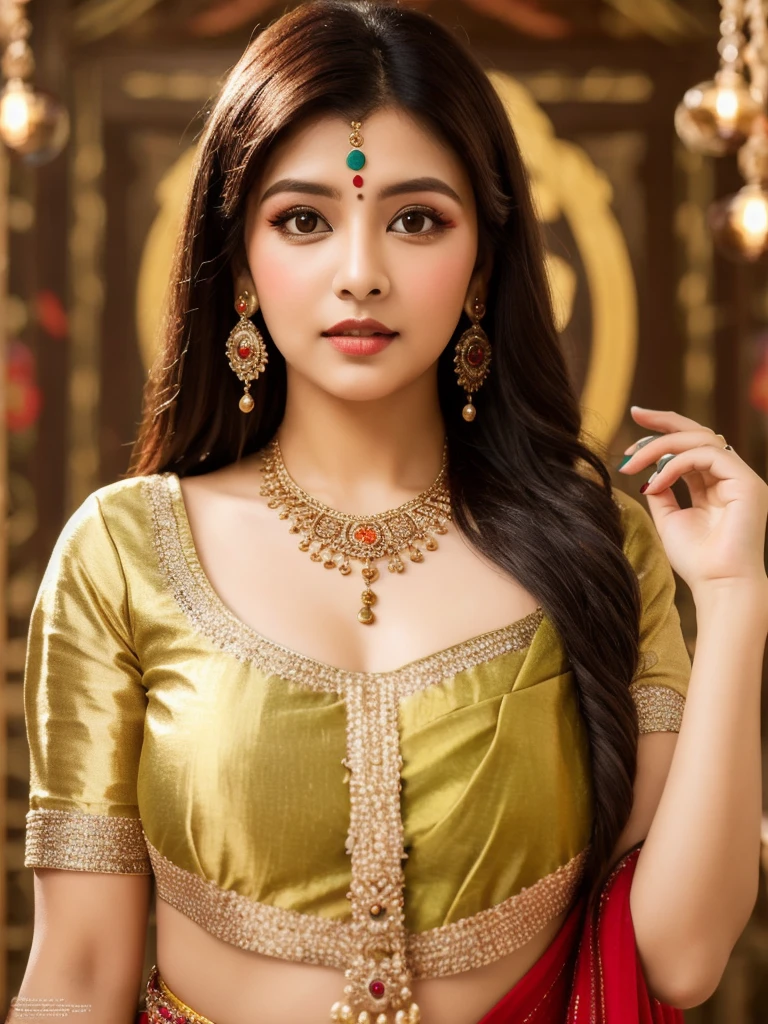 Ultra hd, full hd 8k regulations, masterpiece, ultra realistic,hyuga Hinata, An Extremely Realistic cute Indian Woman, a very beautiful, Indiana, Indian clothes, Indian Makeup, wearing jewelry, Indian themed background 