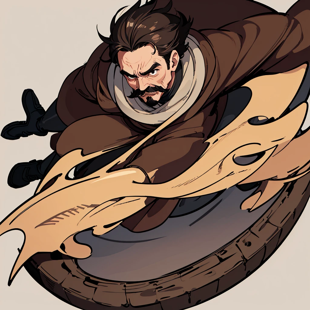 ((((Solo))))、Highest quality, Best Quality,Best illustrations、middle ages、(((Simple brown robe、Black shoes)))、(40-year-old uncle、mature、Kaiser moustache)、(get annoyed、Clench your teeth)、Dramatic Angle