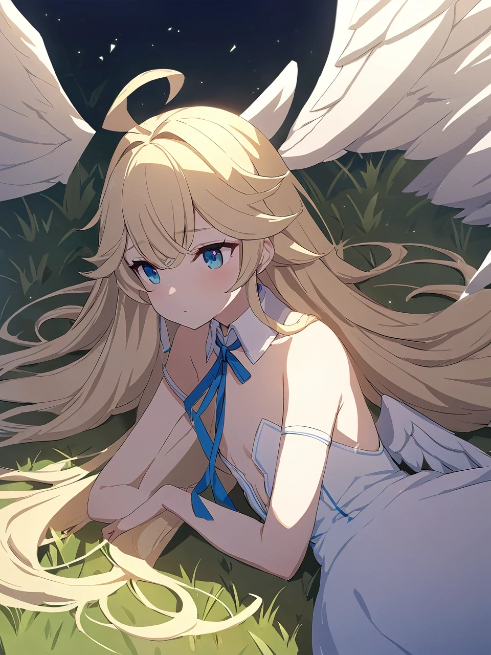 Zaora, blue eyes, (Variegated eyes:0.5), Blonde, Very long hair, Twin Blade, bangs, Ahoge, Hello, Angel, Flat Chest, White Dress, Belly button cutout, Detachable collar, Strapless, Neck ribbon, Bare shoulders, Angel wings, barefoot, One girl, Solo Break Space, grassland, Lying down, Upper Body, Depth of written boundary, Cinematic, masterpiece, Highest quality, Game CG
 