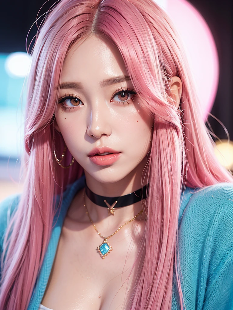 1girl, alone, solitary, high quality, (best quality,4k,8k,highres,masterpiece:1.2),ultra-detailed,(realistic,photorealistic,photo-realistic:1.37),gorgeous hair,pink hair,long straight hair with bangs,sharp eyes,mole under the eye,plump lips,jewelry,(high detailed skin:1.4),(rim lighting:1.3),(lit:1.3),(sunny day:1.3),portrait,beautiful lips,waist-length hair,seductive gaze,moles,casual clothes,colorful clothing,close up,super long hair,choker necklace,light eyes,bangs,fringe,20 year old,dimples on the cheeks,dimples,neon pink hair,pinkhair,bright neon pink hair,black,red lips,red lipstick,round lips,round pouty lips,pouty lips,douyin makeup, sparkly makeup,glitter,contact lenses