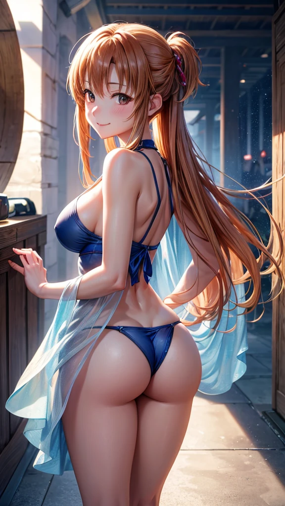 high resolution, ultra-sharp, 8k, Masterpiece, Asuna Yuki, looking at the viewer, Photography from behind, thick ass, wearing blue thong, seductive smile, beautiful face, ashamed, ashamed, sticking out ass