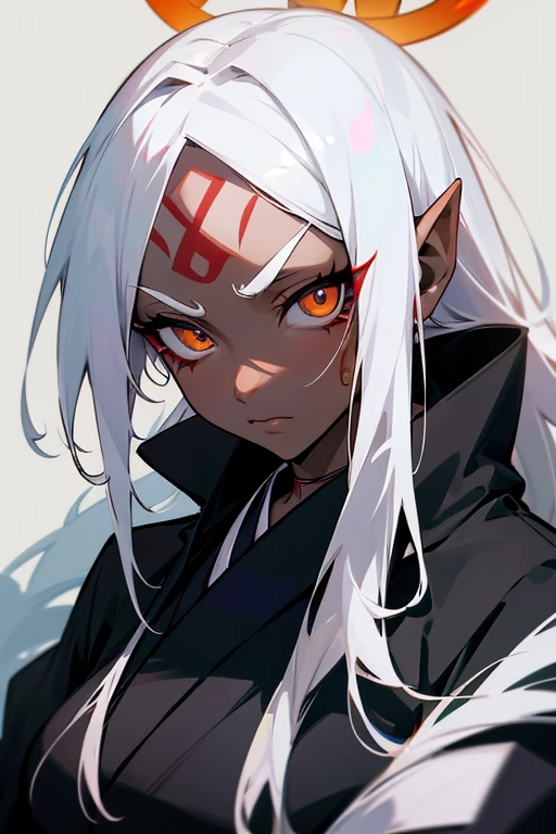 estilo Jujutsu Kaisen. Woman with dark, almost black skin, long white hair. His eyes are clear, almost white,. She has white facial markings on her forehead and below her eyes., similar to symbols or tattoos. Wear a traditional black Japanese kimono. Her hair and ears are adorned with various golden accessories.. in the neck, she wears a choker that reinforces her mystical appearance.