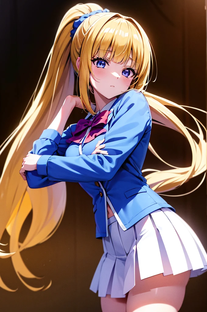 (8k, best quality, masterpiece,ultra detailed, ultra high res:1.2), BREAK anime keyvisual, 
1girl,
Kei Karuizawa, 
Kei Karuizawa \(youjitsu\),
long hair, ponytail, 
yellow hair, 
purple eyes, 
blue bow, hair scrunchie, 
medium breasts, 
, red blazer, long sleeves, blue blouse, pleated white skirt, white calf socks, 
looking at viewer, 
cowboy shot, 
perfect light, 