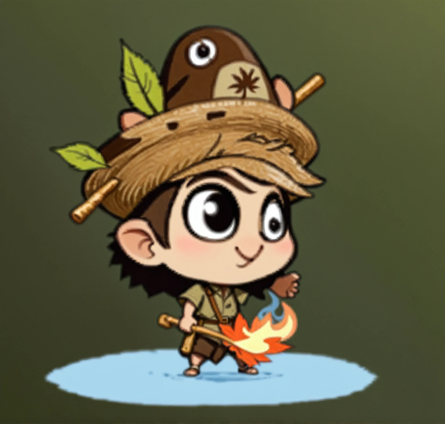 Cartoon of boy with straw hat on his head, With a wooden stick in his hand, Red Cliff, style of Maple Valley, Bob, Maple Valley, Nature Druid, Adventure Island, Maple Valley indiana jones, Adventure Island mouse, Dwarf druids, character art of Maple Valley, Platformer, very cute, very stylized, boy scout, Characters based on Haggis