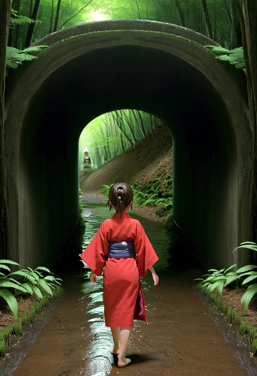 Spirited Away、10girl around the age、Short brown hair in a ponytail、Eyes are large、The expression is rich、Wearing a red kimono、Walking towards a tunnel in the forest、It's a little dark in the forest、It's drizzling
