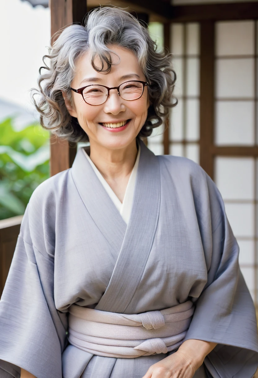 old woman,Japanese,Wrinkle,smile,Plain Kimono,Gray Hair,Perm,Light makeup,Break,Glasses