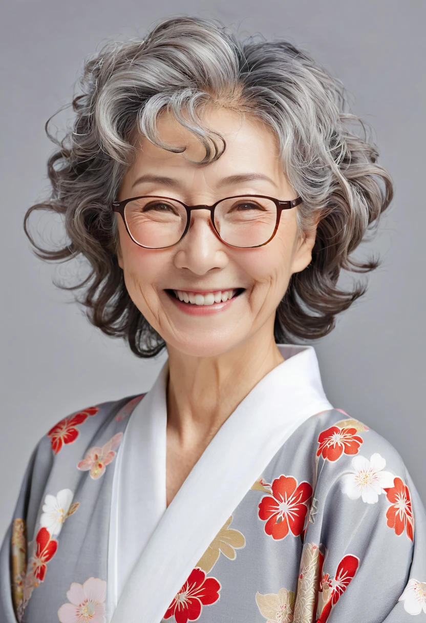 old woman,Japanese,Wrinkle,smile,Plain Kimono,Gray Hair,Perm,Light makeup,Break,Glasses