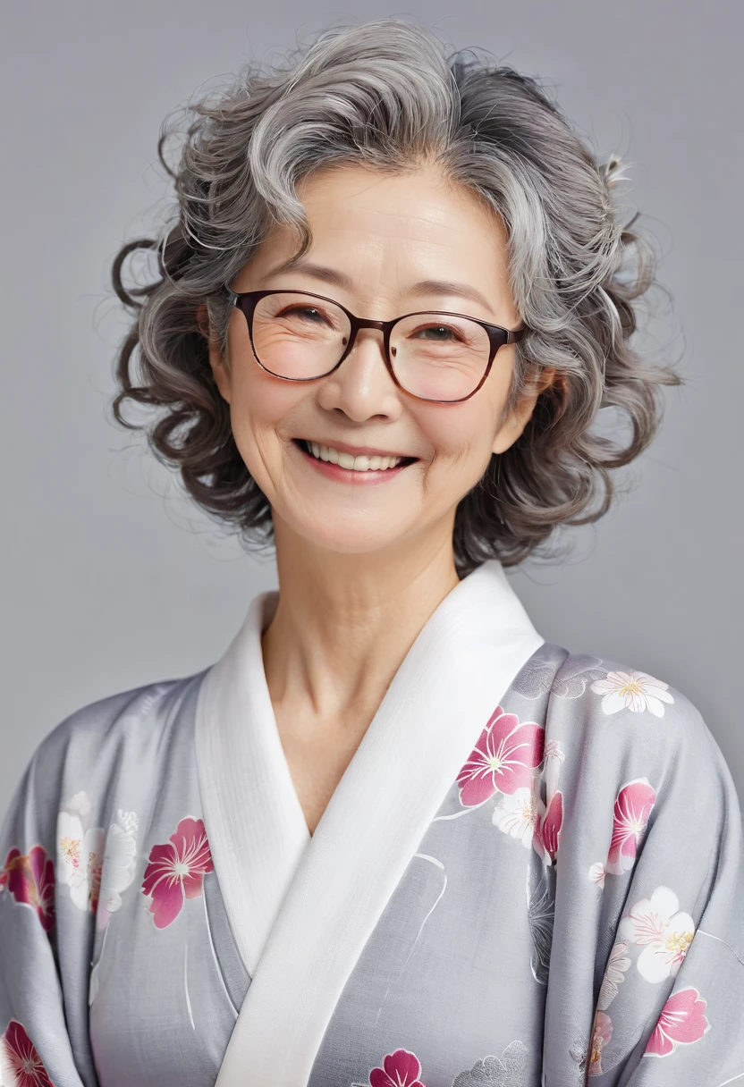 old woman,Japanese,Wrinkle,smile,Plain Kimono,Gray Hair,Perm,Light makeup,Break,Glasses