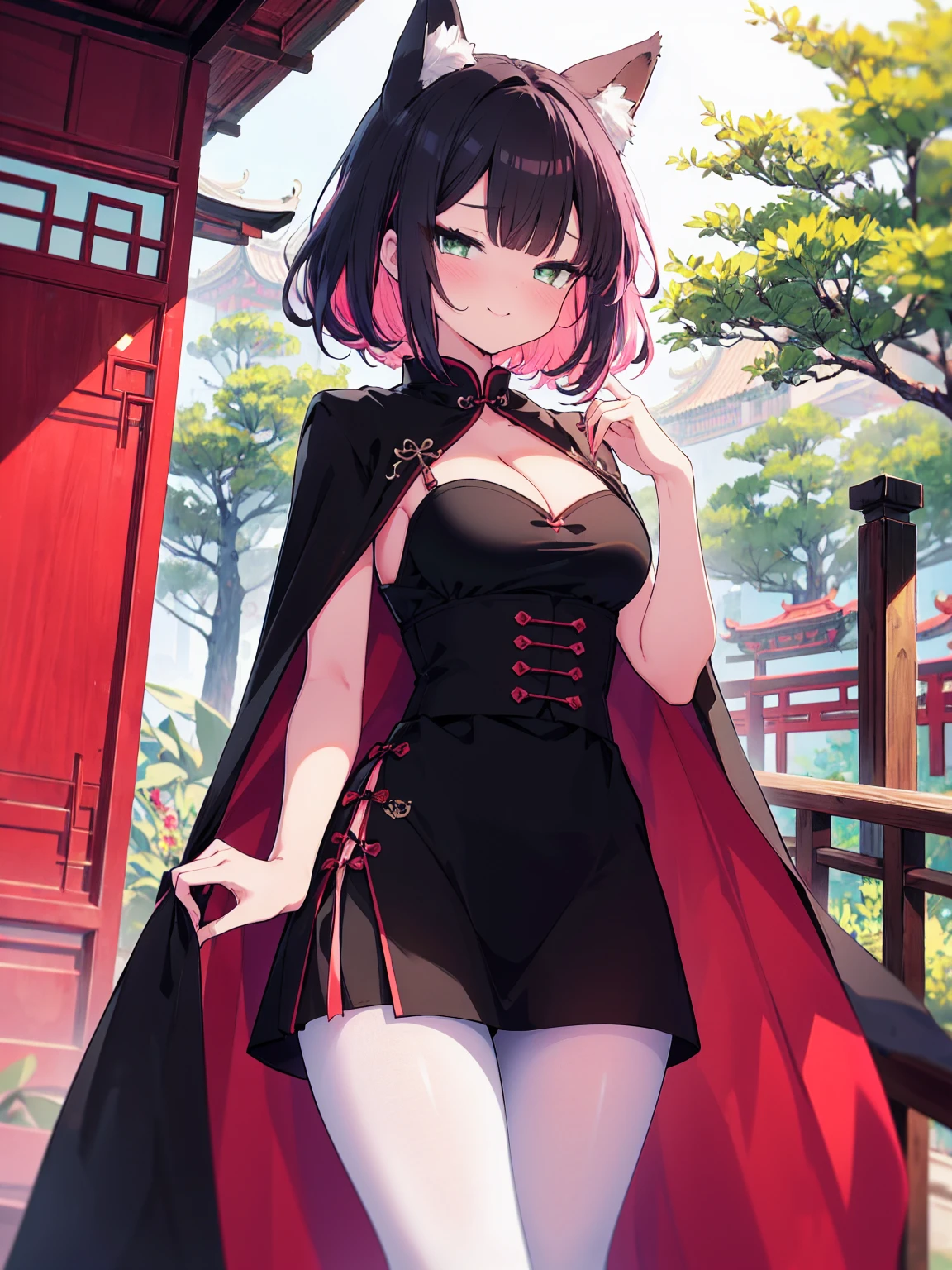 (cowboy shot), (colorful:1.1), (ultra-high resolution, depth of field:1.2), (Tingyun:1.1), solo, (black hair), inner pink hair, bangs, green eyes, (red underline),  fox ears, white fox tail, multiple fox tails, (medium breasts), (long dress), (long black dress with a waist cincher), crossed collar shirt, cleavage, pantyhose, cape, smile, squinting, Chinese garden scenery