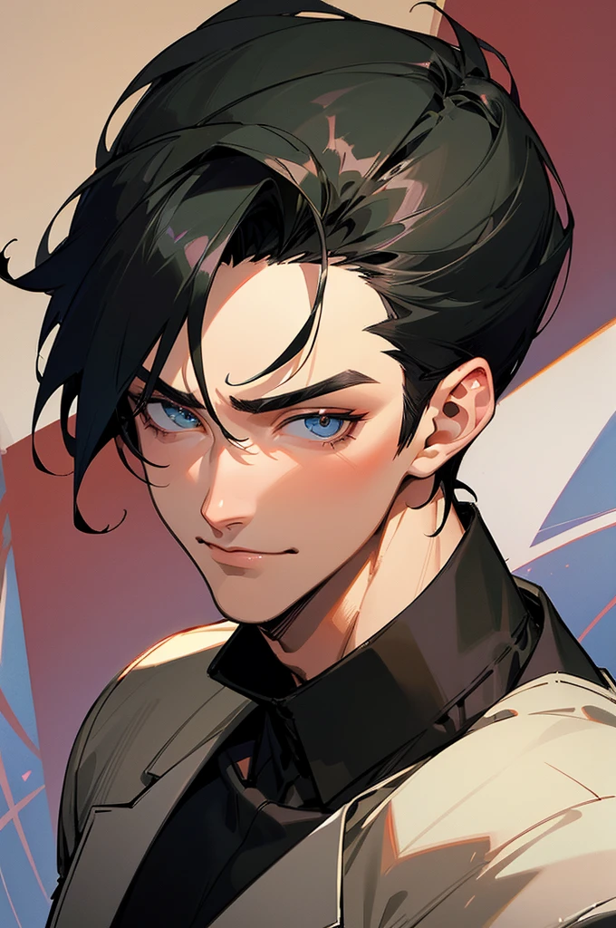 (masterpiece), best quality, expressive eyes, perfect face, anime, guy, black hair and eyes, good looking, muscular, gentle smile, adult, old Hollywood handsome guy, heart throb, cool short hair cut, dramatic lighting, cool clothing