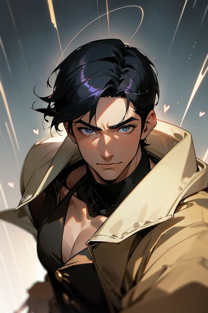 (masterpiece), best quality, expressive eyes, perfect face, anime, guy, black hair and eyes, good looking, muscular, gentle smile, adult, old Hollywood handsome guy, heart throb, cool short hair cut, dramatic lighting, cool clothing