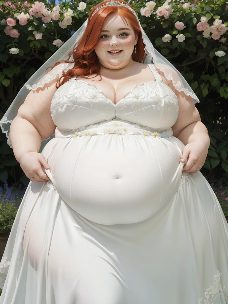 A Happy photo of a young beautiful redhead bbw bride with soft fat belly, wide fat obese hips, thick fat legs and fat arms, cute pretty face, small breasts, blue eyes, freckles, in an elegant detailed covering wedding dress in a beautiful flowery marriage garden