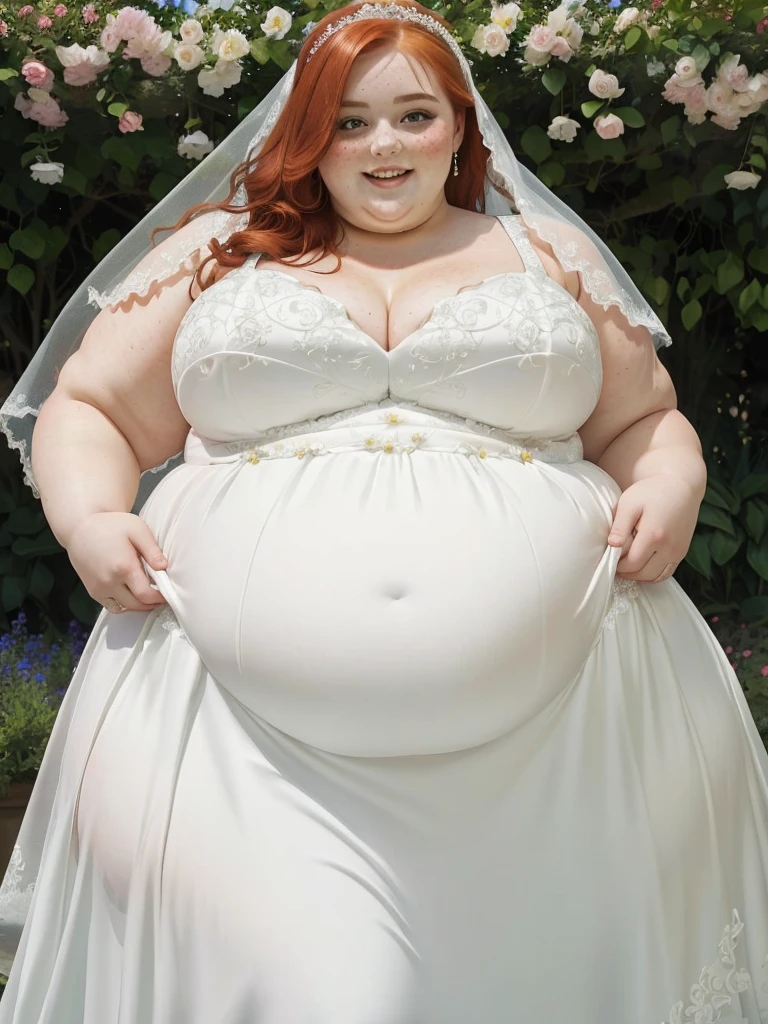 A Happy photo of a young beautiful redhead bbw bride with soft fat belly, wide fat obese hips, thick fat legs and fat arms, cute pretty face, small breasts, blue eyes, freckles, in an elegant detailed covering wedding dress in a beautiful flowery marriage garden