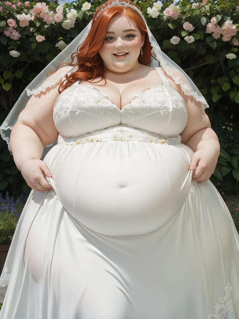 A Happy photo of a young beautiful redhead bbw bride with soft fat belly, wide fat obese hips, thick fat legs and fat arms, cute pretty face, small breasts, blue eyes, freckles, in an elegant detailed covering wedding dress in a beautiful flowery marriage garden