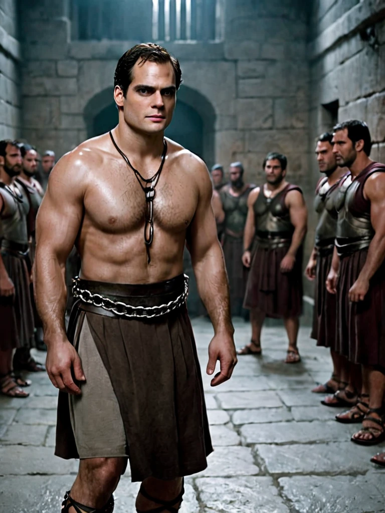 arafed man in a roman costume standing in a prison, in screenshot from the 300 movie, the the man is wrapped in chains, henry cavill as a greek god, 8 k movie still, henry cavill is a greek god, 300 the movie, inspired by Exekias, leading spartans into battle, film still from god of war