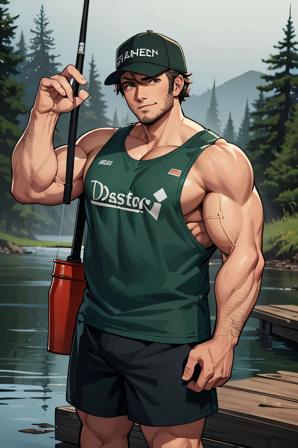 Attractive, himbo, sweet, kind looking, stubbled fisherman, muscular, wearing fishing gear, dreary and dark swamp background, unique angle