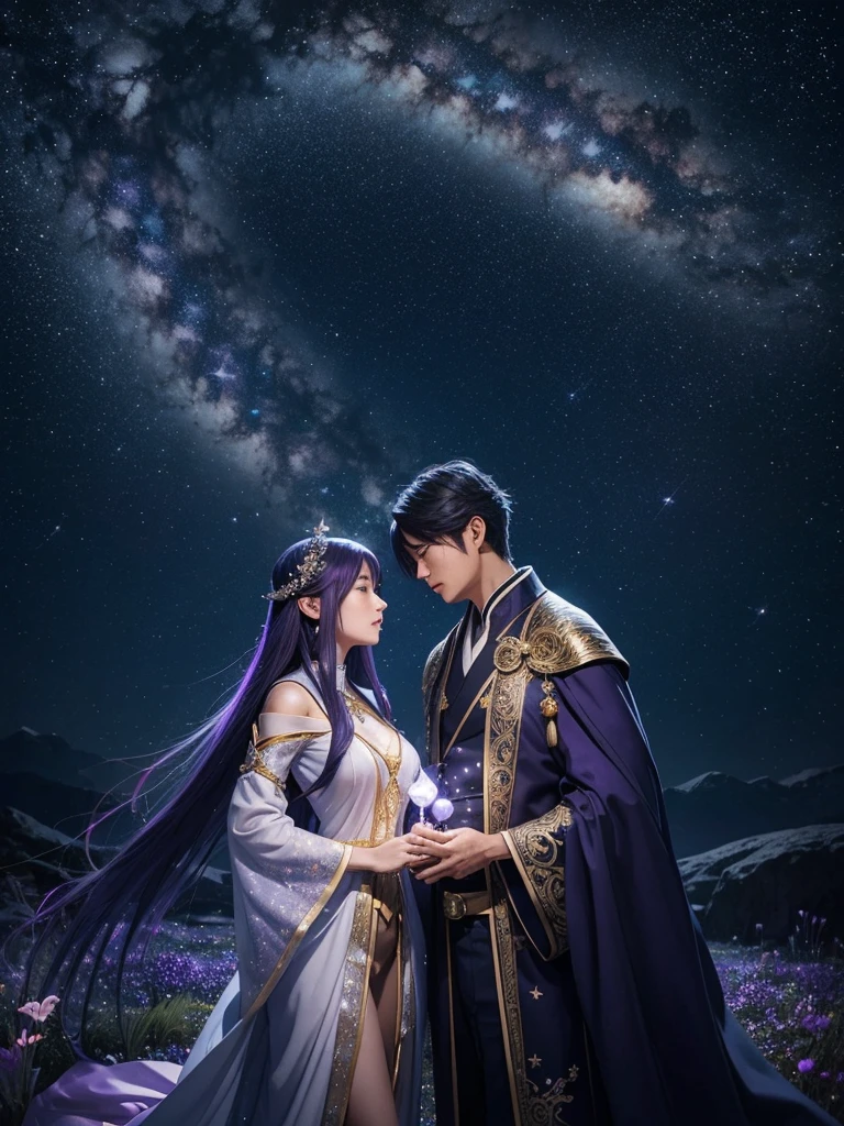 Under a star-filled sky, Orihime and Hikoboshi stand on opposite sides of the shimmering Milky Way, their eyes meeting with a sense of longing and love. The night is illuminated by a soft, ethereal glow, with delicate hues of blue and purple blending into the darkness. Surrounding them are twinkling stars, glowing mist, and mystical constellations, creating a magical and otherworldly atmosphere. Both characters are dressed in traditional celestial robes adorned with intricate patterns, adding to the enchantment of the scene."