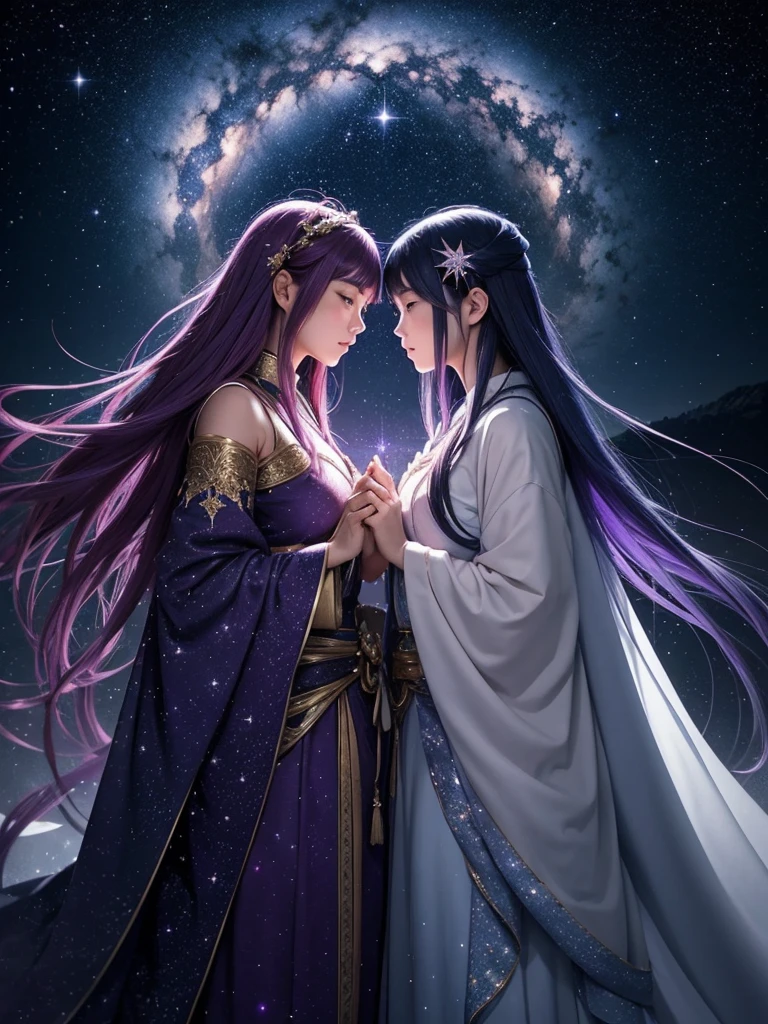 Under a star-filled sky, Orihime and Hikoboshi stand on opposite sides of the shimmering Milky Way, their eyes meeting with a sense of longing and love. The night is illuminated by a soft, ethereal glow, with delicate hues of blue and purple blending into the darkness. Surrounding them are twinkling stars, glowing mist, and mystical constellations, creating a magical and otherworldly atmosphere. Both characters are dressed in traditional celestial robes adorned with intricate patterns, adding to the enchantment of the scene."