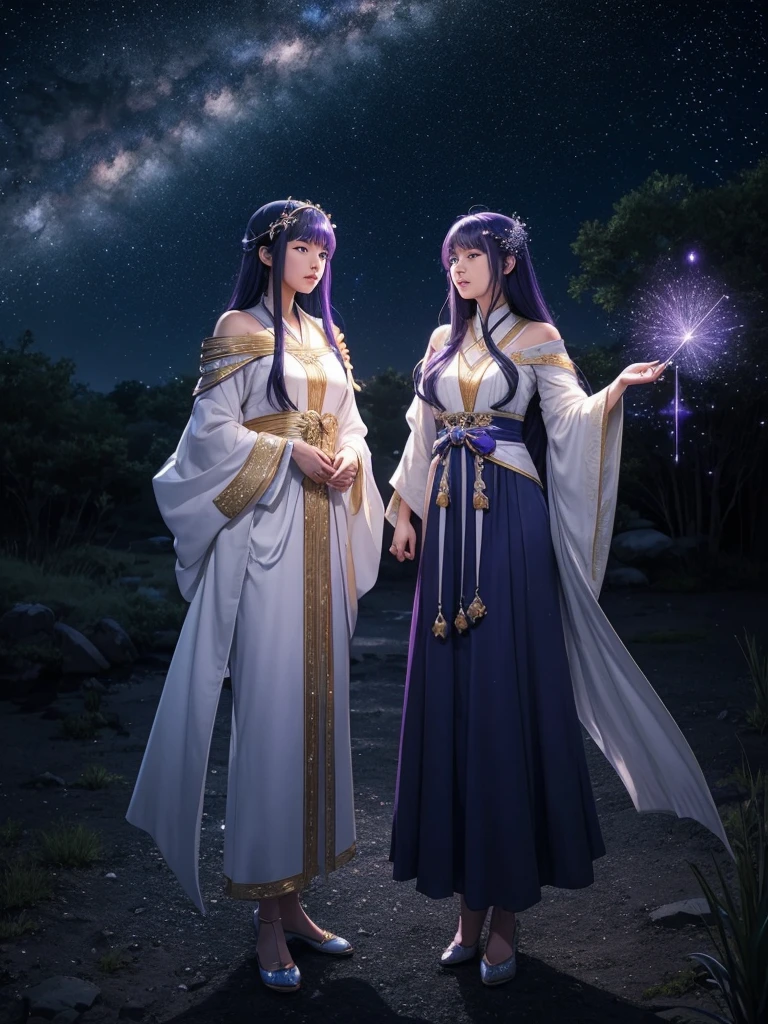 Under a star-filled sky, Orihime and Hikoboshi stand on opposite sides of the shimmering Milky Way, their eyes meeting with a sense of longing and love. The night is illuminated by a soft, ethereal glow, with delicate hues of blue and purple blending into the darkness. Surrounding them are twinkling stars, glowing mist, and mystical constellations, creating a magical and otherworldly atmosphere. Both characters are dressed in traditional celestial robes adorned with intricate patterns, adding to the enchantment of the scene."