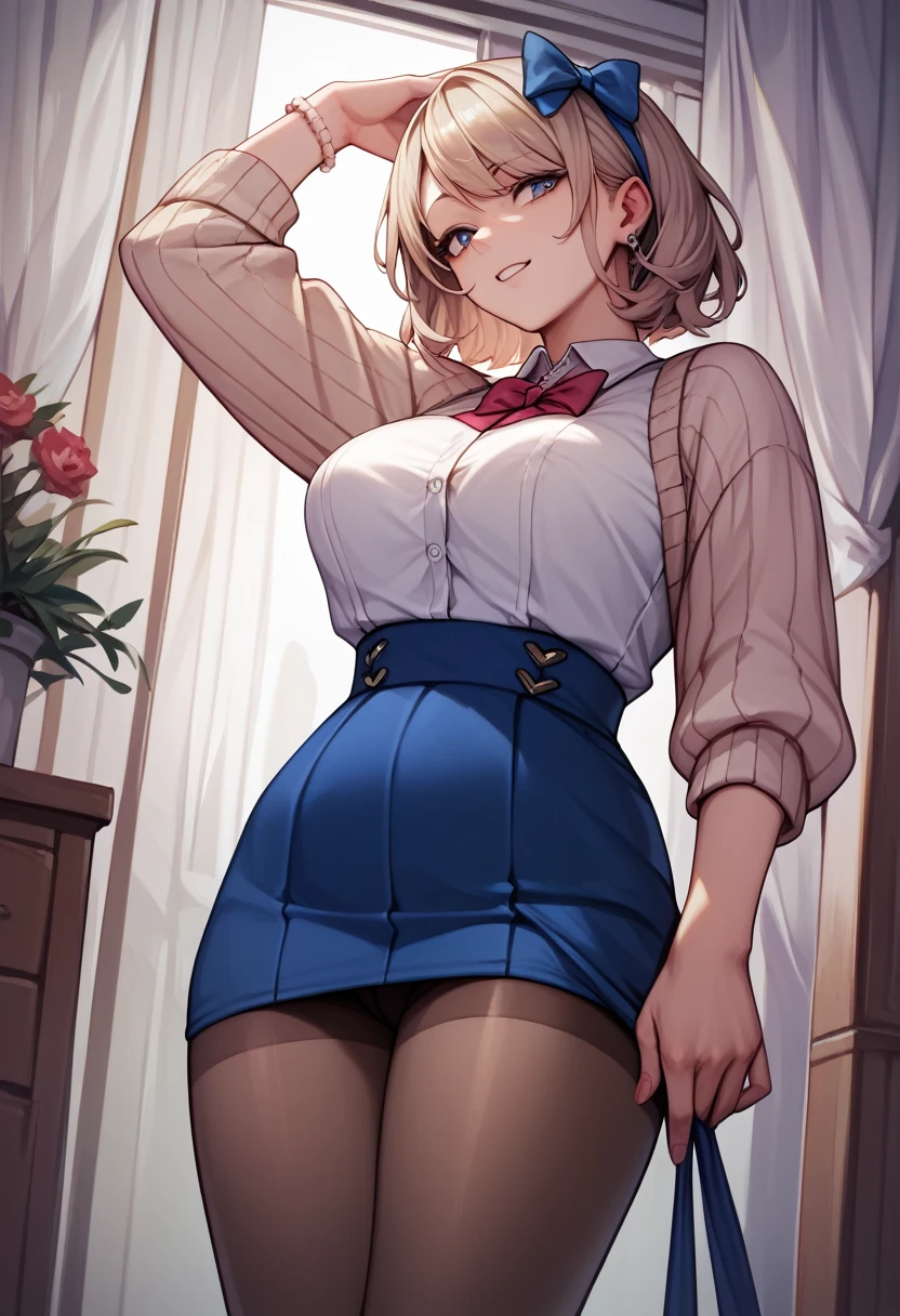 masterpiece, best quality, highres, aalatooni, short hair, pantyhose, hair bow, shirt, cardigan, high-waist skirt, standing