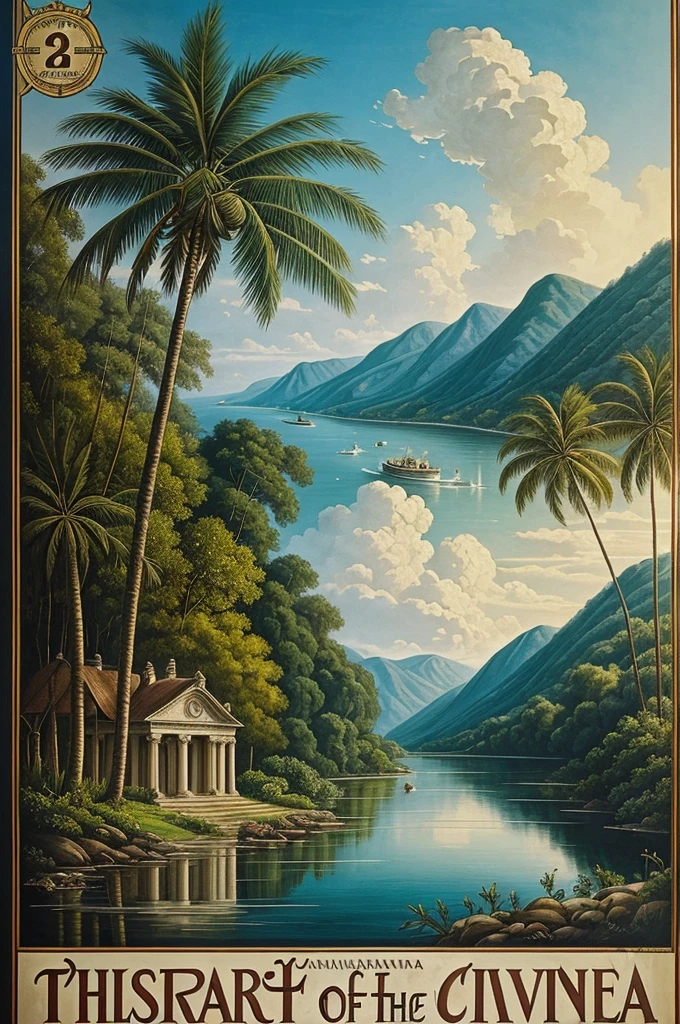 ((best quality)), ((masterpiece)), (detailed), classical old. A movie poster about a classical old reflective journey set in the countryside, with one coconut tree swayed by the wind and a river. Movie title is "The Winds of April" by N.V.M Gonzalez.