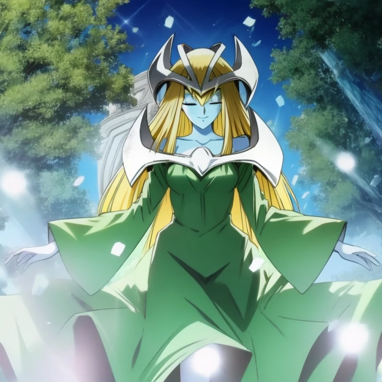 mysticalygo, mystical elf, smile, eyes closed, green dress, long skirt, blue skin, blonde hair, long hair, forest, Yugioh,