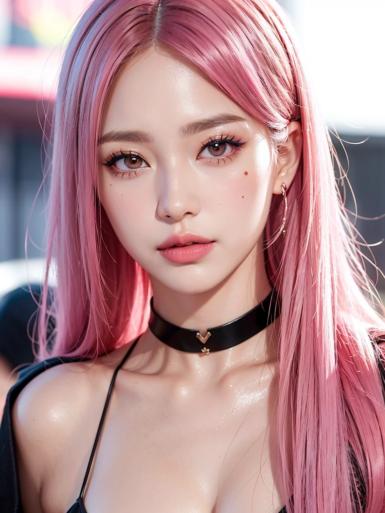 1girl, alone, solitary, high quality, (best quality,4k,8k,highres,masterpiece:1.2),ultra-detailed,(realistic,photorealistic,photo-realistic:1.37),gorgeous hair,pink hair,long straight hair with bangs,sharp eyes,mole under the eye,plump lips,jewelry,(high detailed skin:1.4),(rim lighting:1.3),(lit:1.3),(sunny day:1.3),portrait,beautiful lips,waist-length hair,seductive gaze,moles,casual clothes,colorful clothing,close up,super long hair,choker necklace,light eyes,bangs,fringe,20 year old,dimples on the cheeks,dimples,neon pink hair,pinkhair,bright neon pink hair,black,red lips,red lipstick,round lips,round pouty lips,pouty lips,douyin makeup, sparkly makeup,glitter,contact lenses