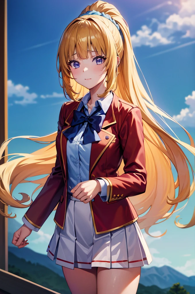 (8k, best quality, masterpiece,ultra detailed, ultra high res:1.2), BREAK (anime keyvisual:1.1), 
1girl,
Kei Karuizawa, 
Kei Karuizawa \(youjitsu\),
long hair, ponytail, 
yellow hair, 
purple eyes, 
blue bow, hair scrunchie, 
medium breasts, 
, red blazer, long sleeves, blue blouse, pleated white skirt, white calf socks, 
looking at viewer, 
cowboy shot, 
perfect light, 