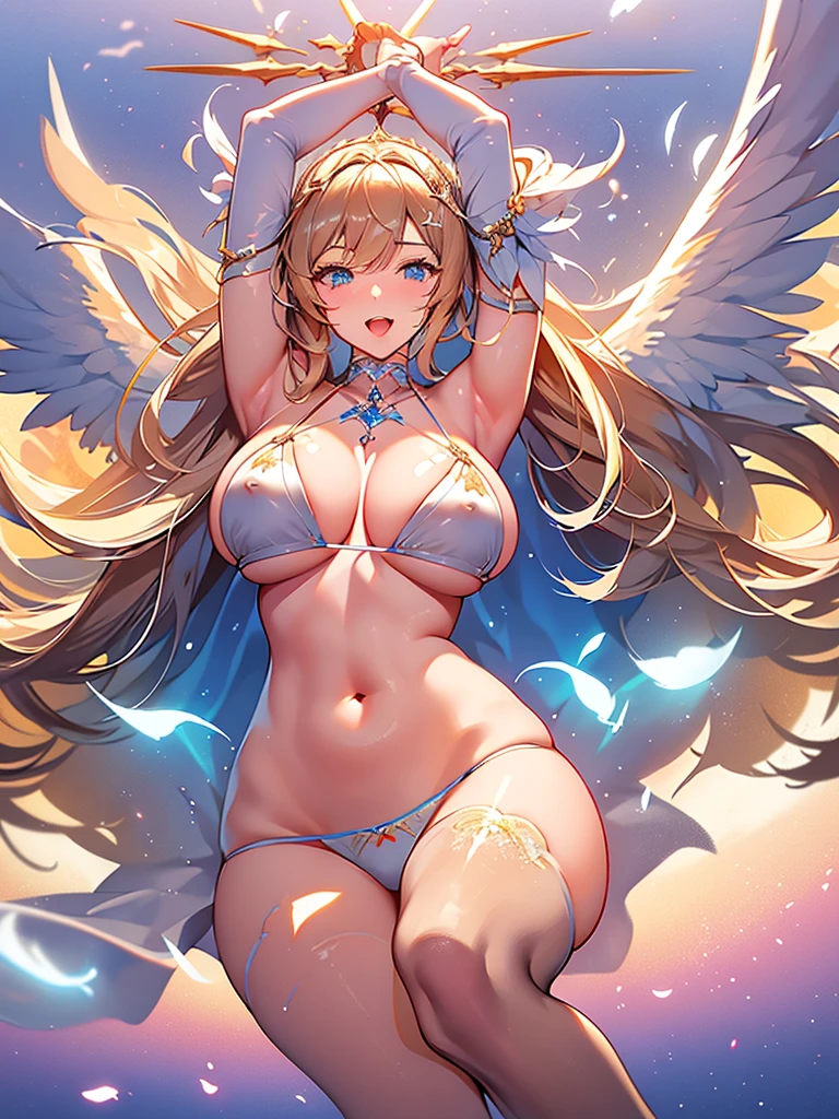 最high quality, high quality, 8K、High resolution,Highest quality、solo、Arafe woman wearing a white bikini, belly button、Open Mouth Smile、Blonde hair and blue eyes、白いビキニを着ているsuper Wide Angel, Majestic angel all over the body, Anime Goddess, Wide Angel, Angela White, chic, Spectacular angles and poses,Beautiful and attractive anime woman wearing a white bikini, Huge and stunning goddess shots, Angel Knight Girl, Tall female angel, She has angel wings on her back, Highly detailed goddess shot