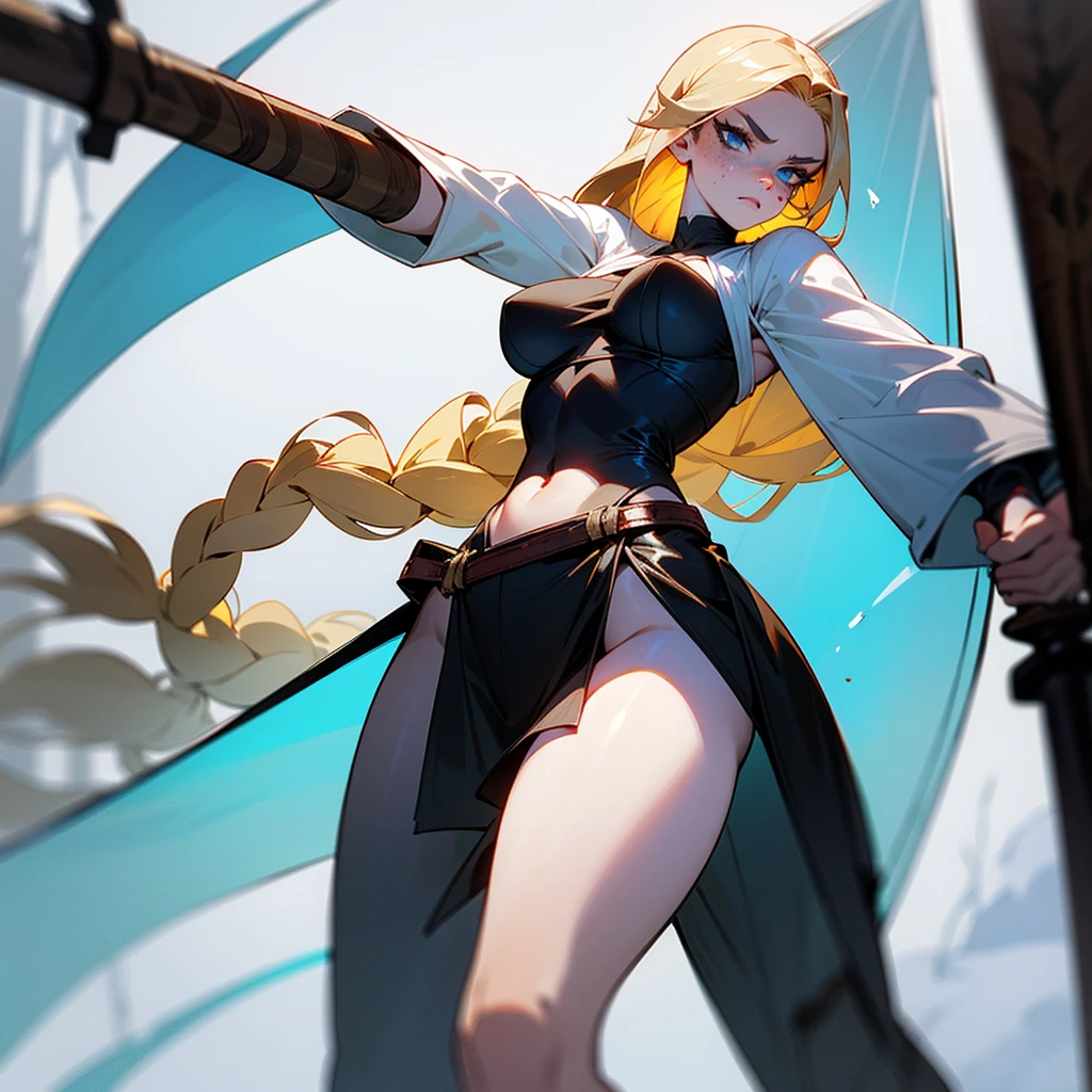 masterpiece, Gorgeous barbarian woman standing and holding a long spear, fearsome appearance, tribal warpaint,in a dense snowy forest, wearing a leather jerkin, wearing loose fitting belts, very long blonde braids, beautiful, pale skin tone, immense icy blue eyes, dark eye shadow, freckles, athletic body, slender waist, wide hips, large breasts, ultra HD, 
