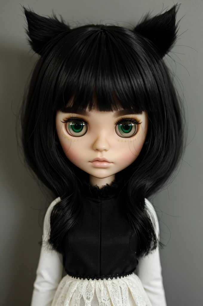 Blythe doll black fur,green eyes, with bangs and half face

