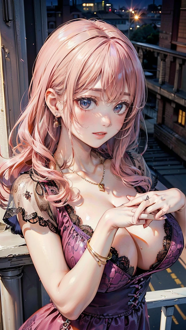 (Masterpiece, BestQuality:1.3), (ultra detailed:1.2), (hyperrealistic:1.3), (RAW photo:1.2), High detail RAW color photo, professional photograph, (Photorealistic:1.4), (realistic:1.4), (Pink Hair:1.5), professional lighting, perfect anatomy, (Big Breasts:1.2), (blush, detailed face), (cheerful Smile:1.5), Trending Hair&Trending Hairカラーをランダムに, earrings, necklace, bracelet, sexly, erotic sexly, Random sexy gravure poses, (Sexy beauty in a purple lace dress、Opera House Balcony、Elegant smile、Long Curly Hair、Pose with hands on the balcony。:1.3)