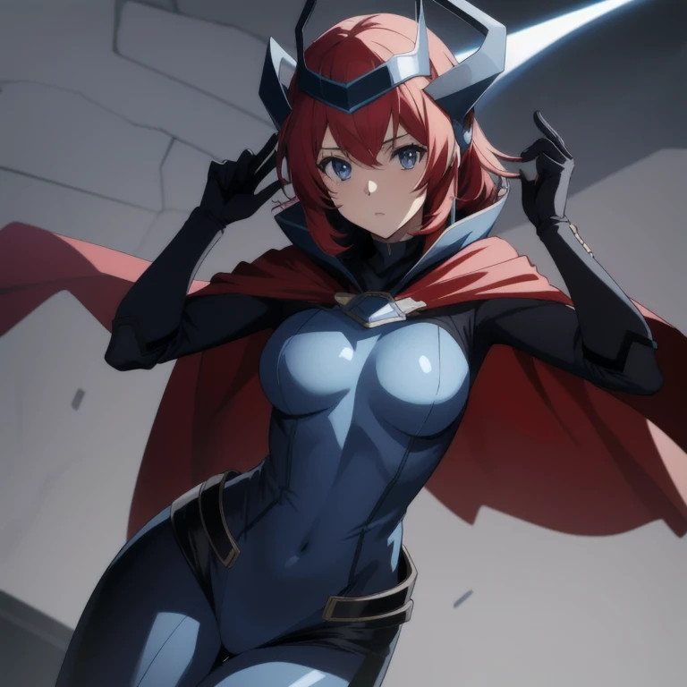 Girl1, solo, Phantoma, hells 2008, anime_style, helmet, blue cape, black bodysuit, blue breasts, grey skin, red hair
