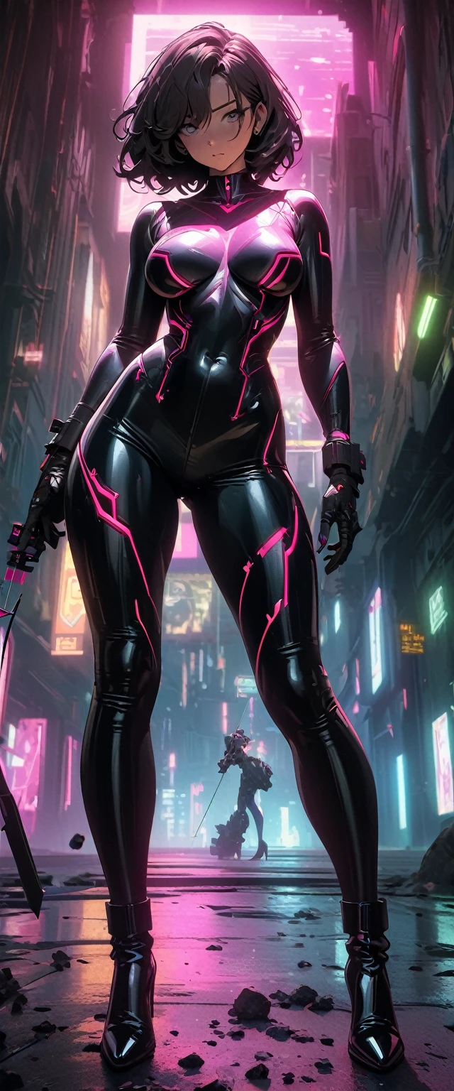 Cyberpunk style，30-year-old mature and charming woman，Leather bodysuit covers the entire body，Full breasts，High heels，Shoot at me with a bow and arrow，（There are a lot of small pieces of gravel floating in the air around me.:1.5），beautiful，Glowing Effects，Celluloid style，Flat coating，HD，CG art，comics，8K，Looking at the camera，high quality，illustration，Vaporwave style，Rim Light，light，Very detailed，complicated，OC Renderer，Viewing angle，high resolution
