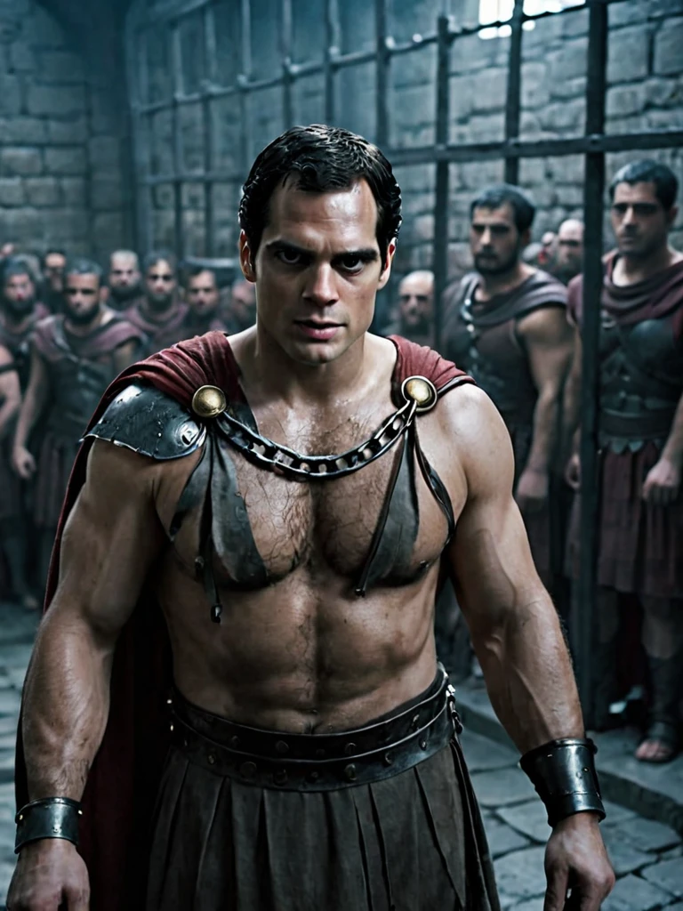 arafed man in a roman costume standing in a prison, in screenshot from the 300 movie, the the man is wrapped in chains, henry cavill as a greek god, 8 k movie still, henry cavill is a greek god, 300 the movie, inspired by Exekias, leading spartans into battle, film still from god of war