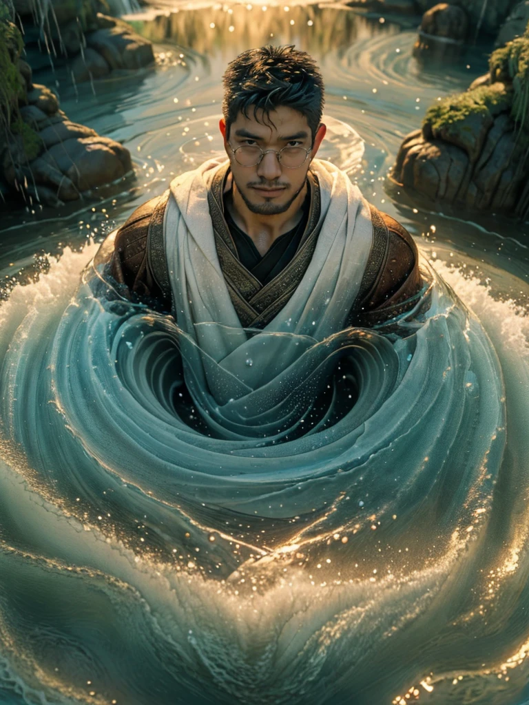 ((best quality)), ((masterpiece)), (detailed), (realistic), (official art), (extremely detailed CG unity 8k wallpaper), (water magic:1.2), (manipulating water:1.1), (elemental control:1.2), (graceful movements:1.1), (aquatic beauty:1.2), (mystical powers:1.2), (serene expression:1.1), (flowing tides:1.2), (sparkling droplets:1.2), (enchanted aura:1.1), (magical incantation:1.2), (rippling waves:1.2), (splendid water formations:1.1), (emerging from a water vortex:1.2), (resonating with nature:1.2), (commanding the elements:1.2), (translucent veil:1.1), (wisdom and power:1.2), (whirlpool of enchantment:1.2), (glowing water glyphs:1.1), (harmony with the sea:1.2), (mysterious origins:1.2), (harmonious balance:1.1), (serene strength:1.2), (spellbinding spectacle:1.2), (immersing in liquid magic:1.1), (embracing her destiny:1.2),crew cut, mature man, [slightly fat], asian man, brown eyes, rounded face, glasses, slightly balding, (big shoulders), (((stubbles, Short beard)))