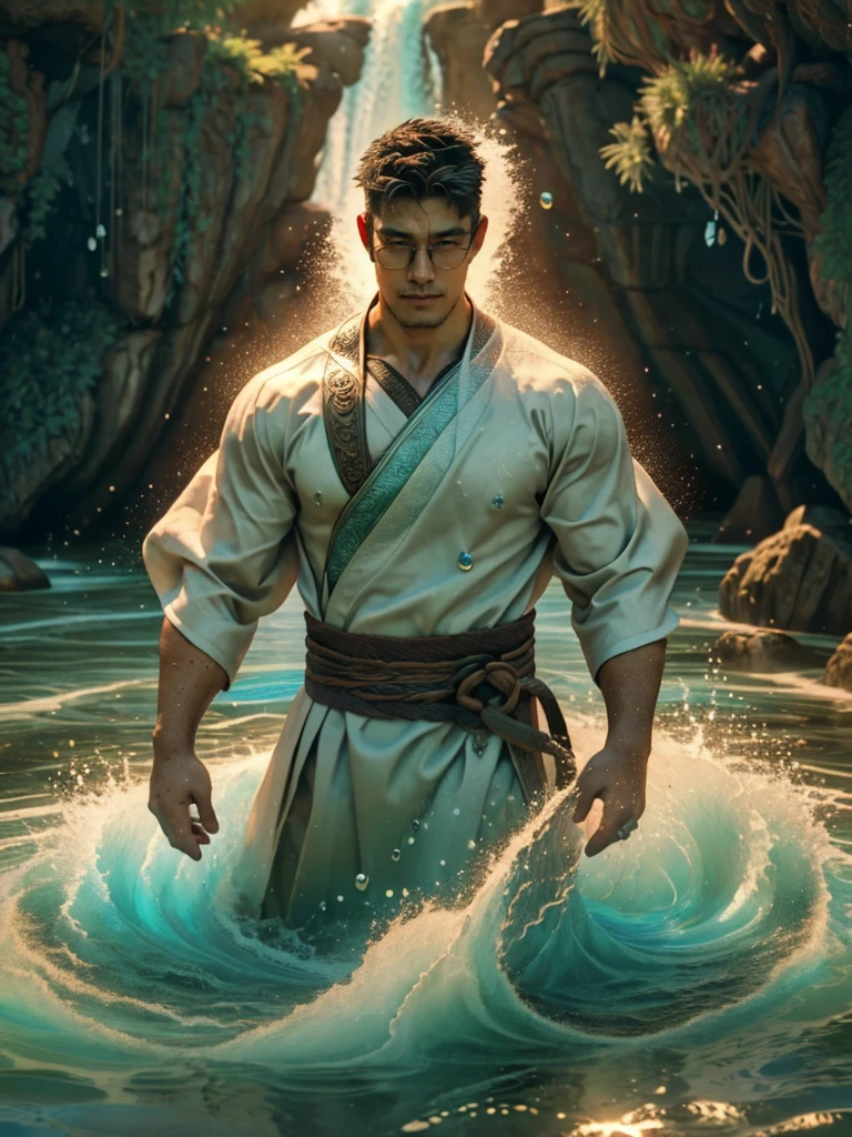 ((best quality)), ((masterpiece)), (detailed), (realistic), (official art), (extremely detailed CG unity 8k wallpaper), (water magic:1.2), (manipulating water:1.1), (elemental control:1.2), (graceful movements:1.1), (aquatic beauty:1.2), (mystical powers:1.2), (serene expression:1.1), (flowing tides:1.2), (sparkling droplets:1.2), (enchanted aura:1.1), (magical incantation:1.2), (rippling waves:1.2), (splendid water formations:1.1), (emerging from a water vortex:1.2), (resonating with nature:1.2), (commanding the elements:1.2), (translucent veil:1.1), (wisdom and power:1.2), (whirlpool of enchantment:1.2), (glowing water glyphs:1.1), (harmony with the sea:1.2), (mysterious origins:1.2), (harmonious balance:1.1), (serene strength:1.2), (spellbinding spectacle:1.2), (immersing in liquid magic:1.1), (embracing her destiny:1.2),crew cut, mature man, [slightly fat], asian man, brown eyes, rounded face, glasses, slightly balding, (big shoulders), (((stubbles, Short beard)))