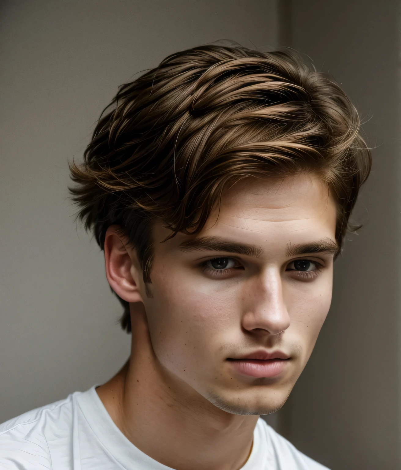 ultra-high-resolution 8K, best quality, (photo realistic:1.4), fashion model, man, 22years old, caucasian, fair skin with detailed and realistic skin texture, ((short hair, brown hair, center part hairstyle)), closed mouth, wearing white no-sleeve top, exuding the vibe of a fashion model with a neutral, serious expression, from side, (upper body), detailed hair, epiC35mm