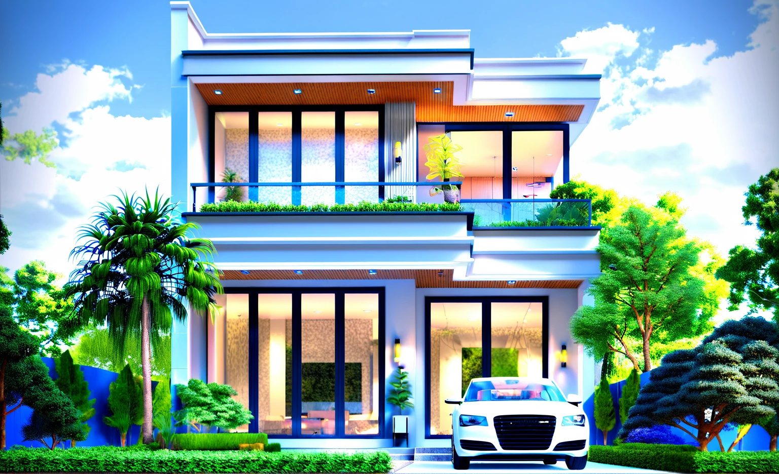 a rendering of a modern house with a car parked in front, exterior design, modern style, overall architectural design, modern house, residential design, contemporary house, neotraditional modern, ultra modern, concept house, in style of ultra realistic, architectural rendering, modern architecture design, one house, bright modern style, architectural visualization, modern design, precise architectural rendering