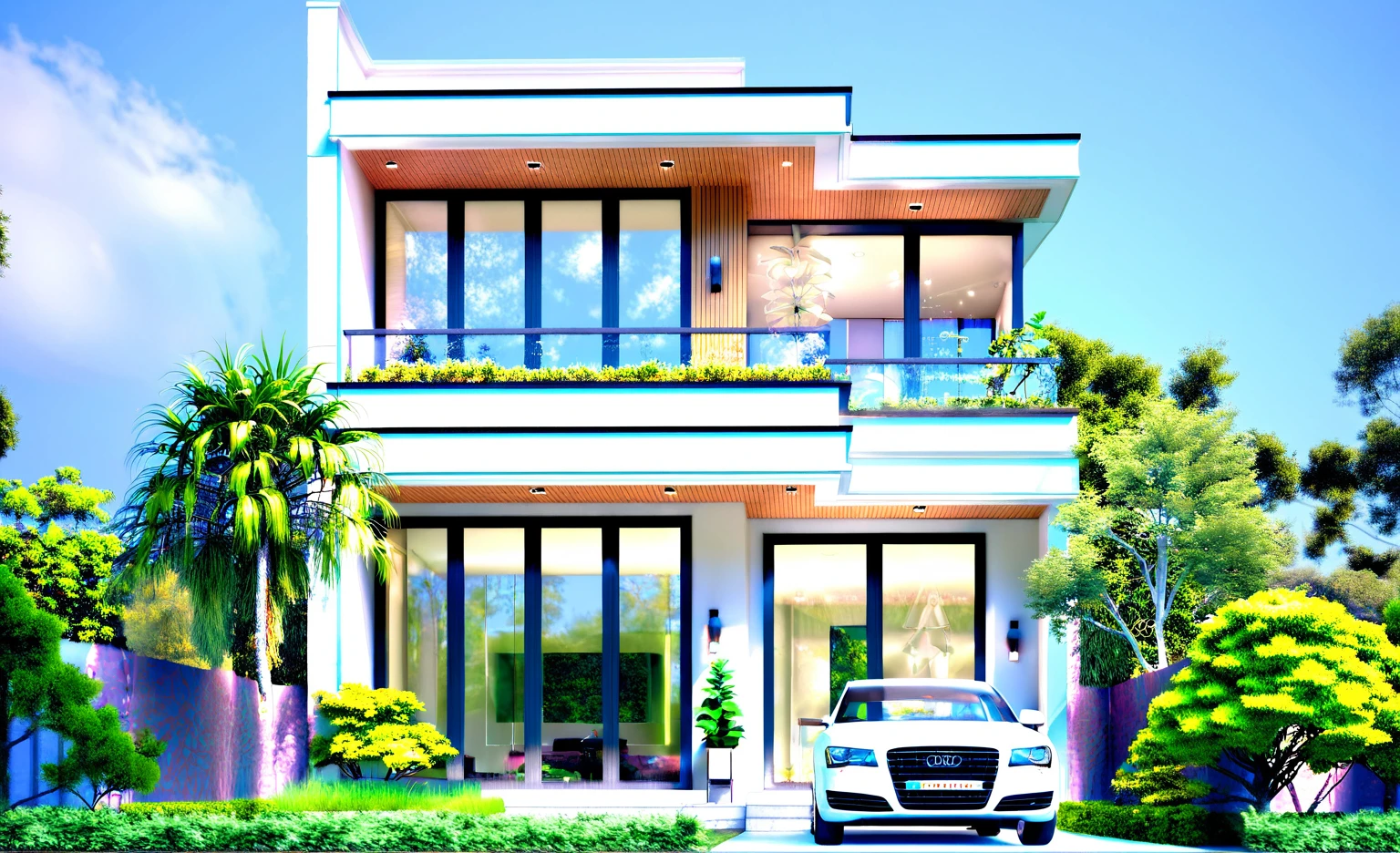 a rendering of a modern house with a car parked in front, exterior design, modern style, overall architectural design, modern house, residential design, contemporary house, neotraditional modern, ultra modern, concept house, in style of ultra realistic, architectural rendering, modern architecture design, one house, bright modern style, architectural visualization, modern design, precise architectural rendering