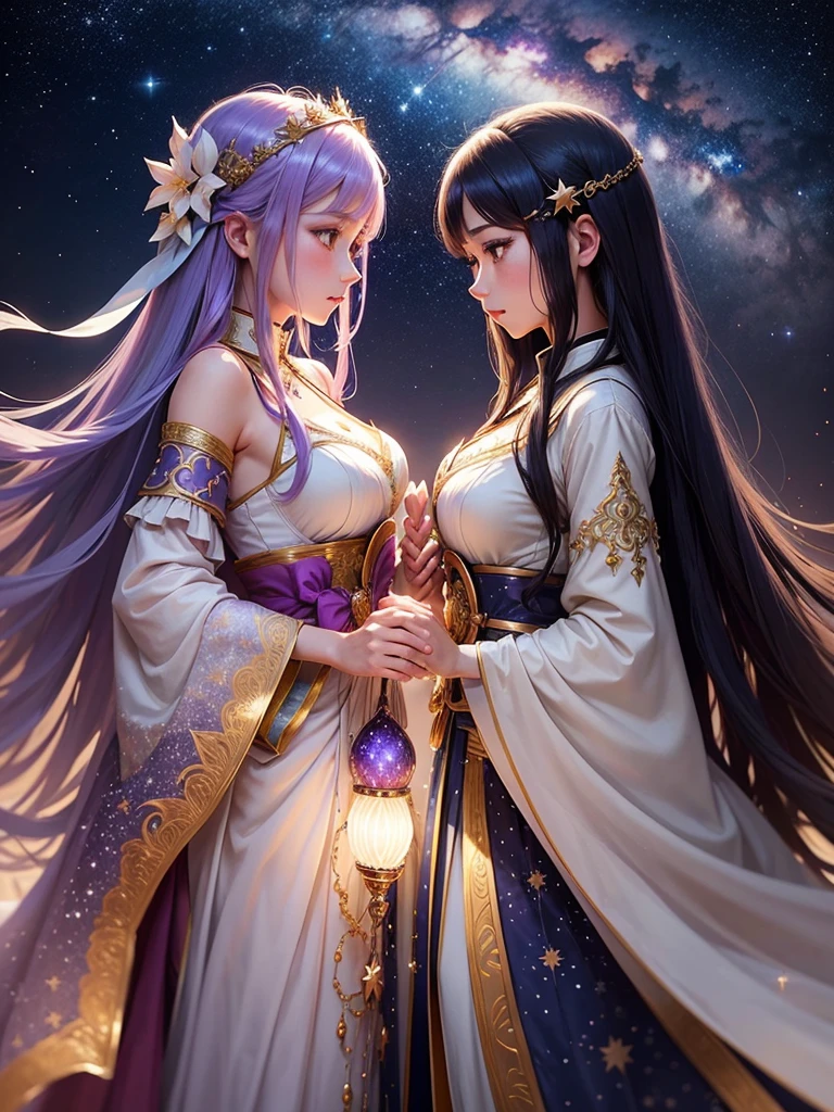 Under a star-filled sky, Orihime and Hikoboshi stand on opposite sides of the shimmering Milky Way, their eyes meeting with a sense of longing and love. The night is illuminated by a soft, ethereal glow, with delicate hues of blue and purple blending into the darkness. Surrounding them are twinkling stars, glowing mist, and mystical constellations, creating a magical and otherworldly atmosphere. Both characters are dressed in traditional celestial robes adorned with intricate patterns, adding to the enchantment of the scene."