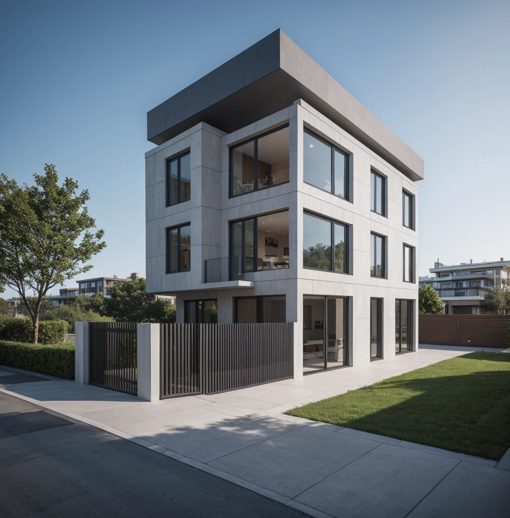 RAW photo, a photo of a modern villa with a car parked in front of it, ((1/2 dark grey wood facade)), architectural shot, gate, road, viet nam modern residence, rough white wall, new residential area, wide angle exterior 2022, contemporary house, exterior photography, masterpiece, contemporary architecture, overcast, indirect lighting