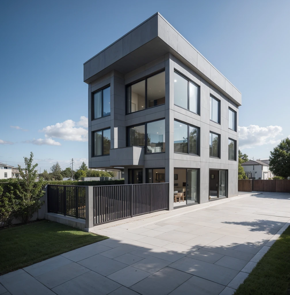 RAW photo, a photo of a modern villa with a car parked in front of it, ((1/2 dark grey wood facade)), architectural shot, gate, road, viet nam modern residence, rough white wall, new residential area, wide angle exterior 2022, contemporary house, exterior photography, masterpiece, contemporary architecture, overcast, indirect lighting